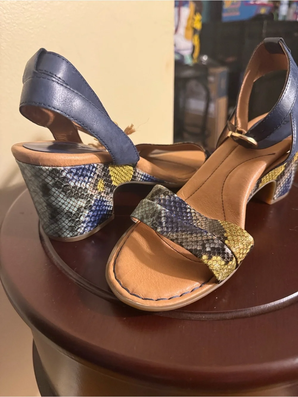 Born Blue Snake-Print Block Heel Sandals with Yellow Accents